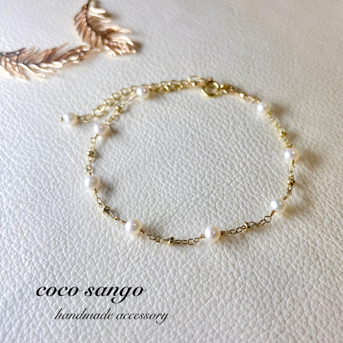 14kgf】淡水パール・ビーズチェーンブレスレット◇華奢◇繊細