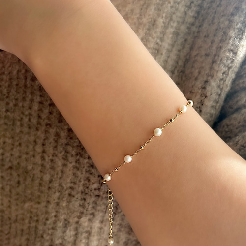 14kgf】淡水パール・ビーズチェーンブレスレット◇華奢◇繊細