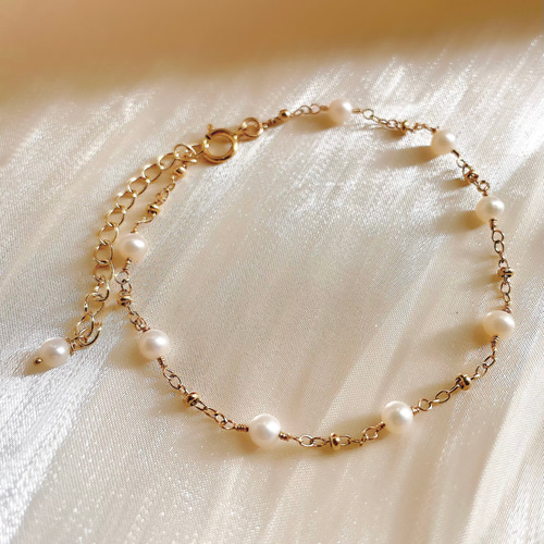 14kgf】淡水パール・ビーズチェーンブレスレット◇華奢◇繊細