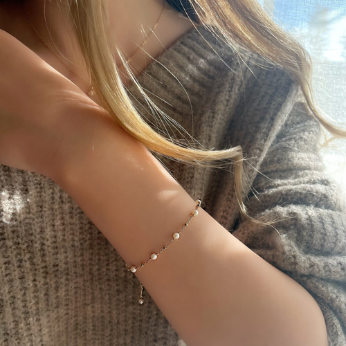 14kgf】淡水パール・ビーズチェーンブレスレット◇華奢◇繊細