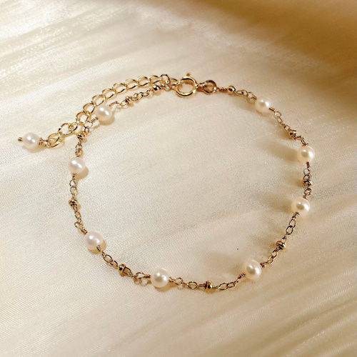 14kgf】淡水パール・ビーズチェーンブレスレット◇華奢◇繊細