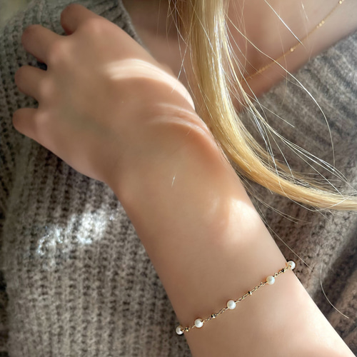 14kgf】淡水パール・ビーズチェーンブレスレット◇華奢◇繊細