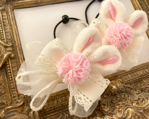 ☆うさぎ耳リボン♡高級オーガンジードット♡キッズリボン2点セット