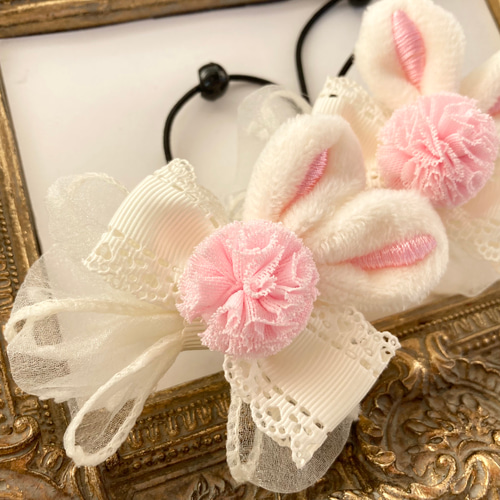 ☆うさぎ耳リボン♡高級オーガンジードット♡キッズリボン2点セット