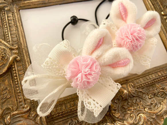 ☆うさぎ耳リボン♡高級オーガンジードット♡キッズリボン2点