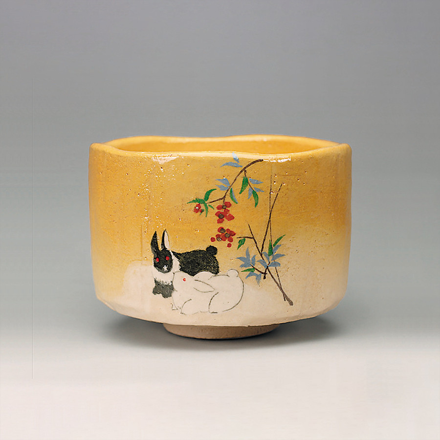 楽焼茶碗「庭のうさぎ」 抹茶碗　茶道具　手描き 2023年 干支