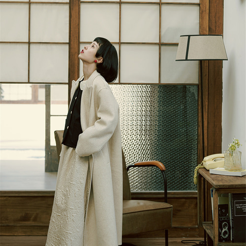 ベージュ ウール70% ダブルブレスト ダブルフェイス ウール ミニマル