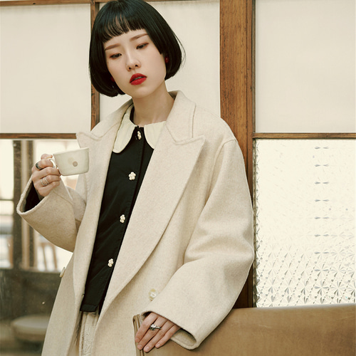 ベージュ ウール70% ダブルブレスト ダブルフェイス ウール ミニマル