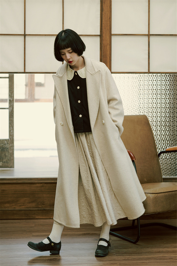 ベージュ ウール70% ダブルブレスト ダブルフェイス ウール ミニマル