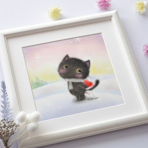 黒猫　フレーム付き　パステル画　イラスト　猫　絵 519a586b388267bc63c0e2339dd726
