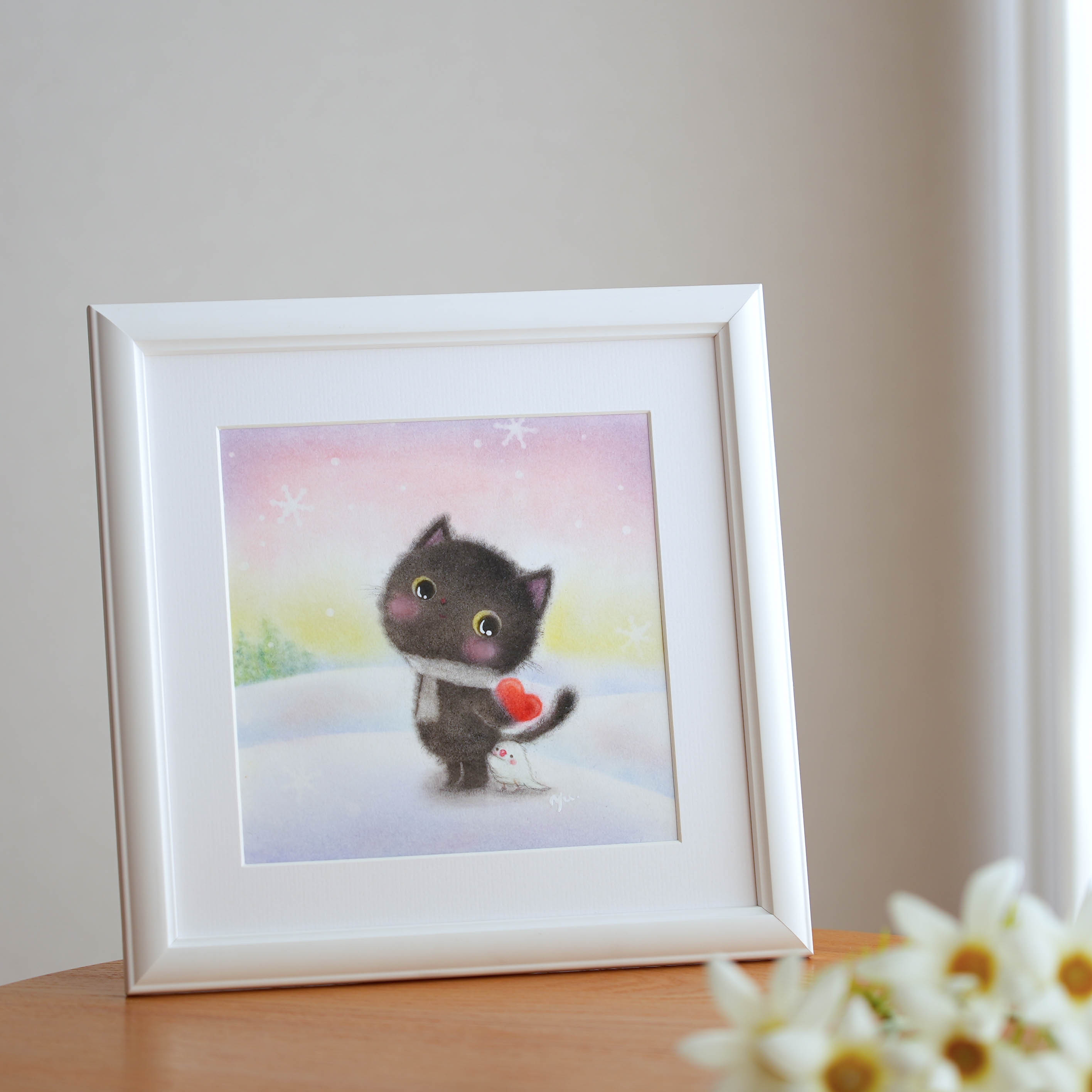 【原画・フレーム付き】「黒猫ちゃんの告白」　パステルアート　バレンタイン　ねこ　ネコ　鳥　冬　かわいい動物イラスト