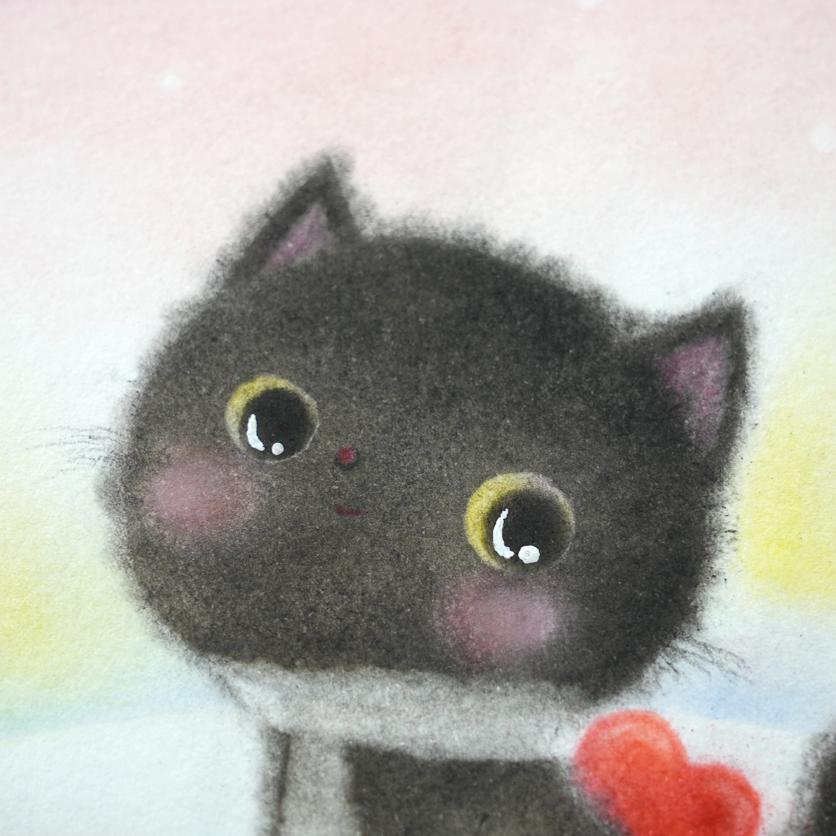 【原画・フレーム付き】「黒猫ちゃんの告白」　パステルアート　バレンタイン　ねこ　ネコ　鳥　冬　かわいい動物イラスト
