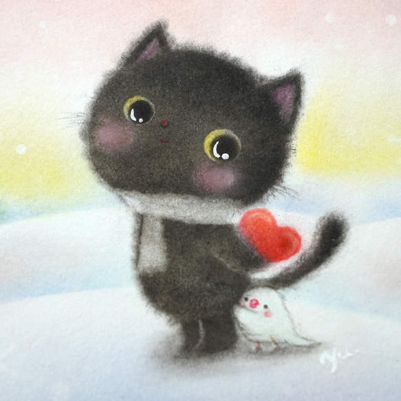 【原画・フレーム付き】「黒猫ちゃんの告白」　パステルアート　バレンタイン　動物　ねこ　ネコ　白い鳥　冬　イラスト 2枚目の画像
