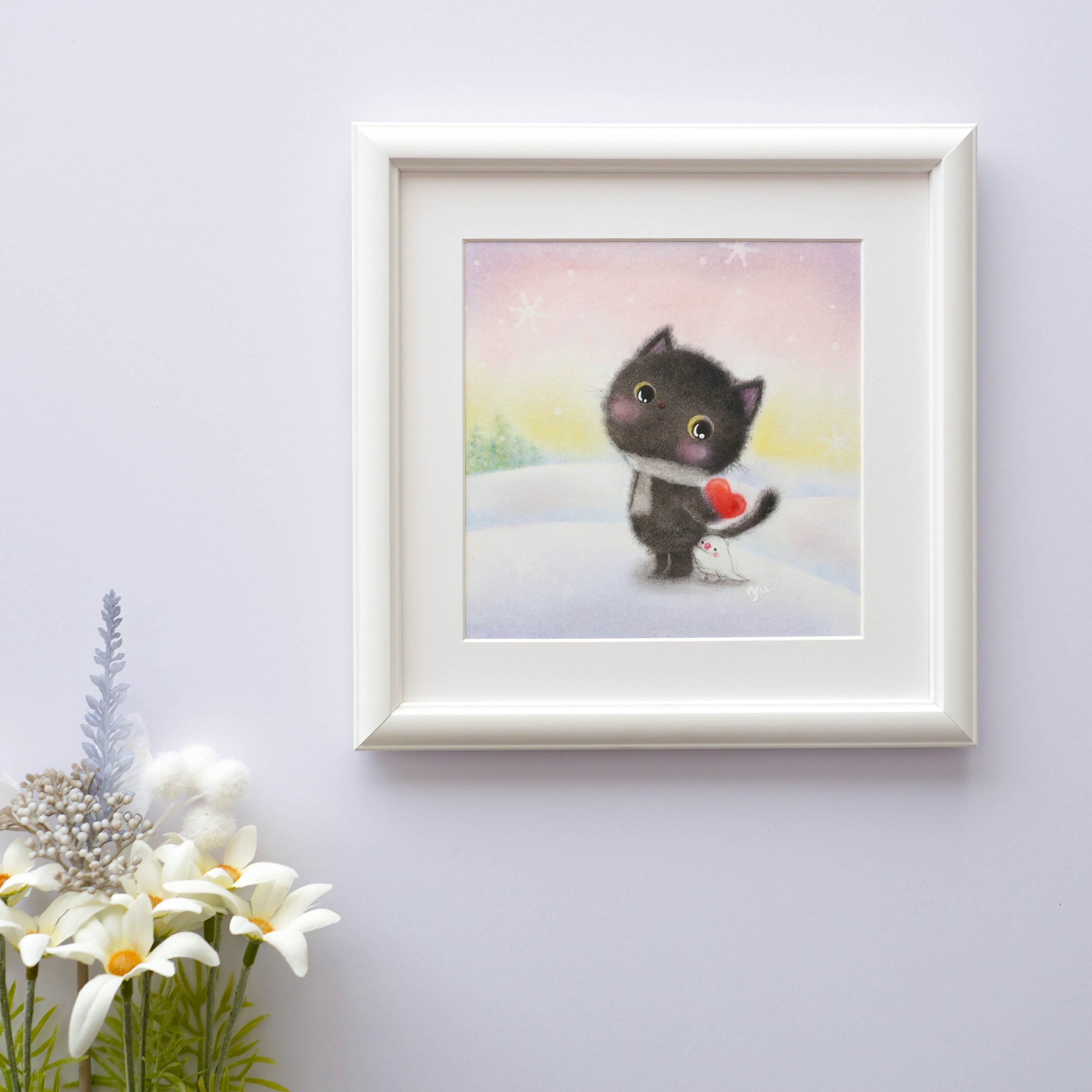 【原画・フレーム付き】「黒猫ちゃんの告白」　パステルアート　バレンタイン　ねこ　ネコ　鳥　冬　かわいい動物イラスト