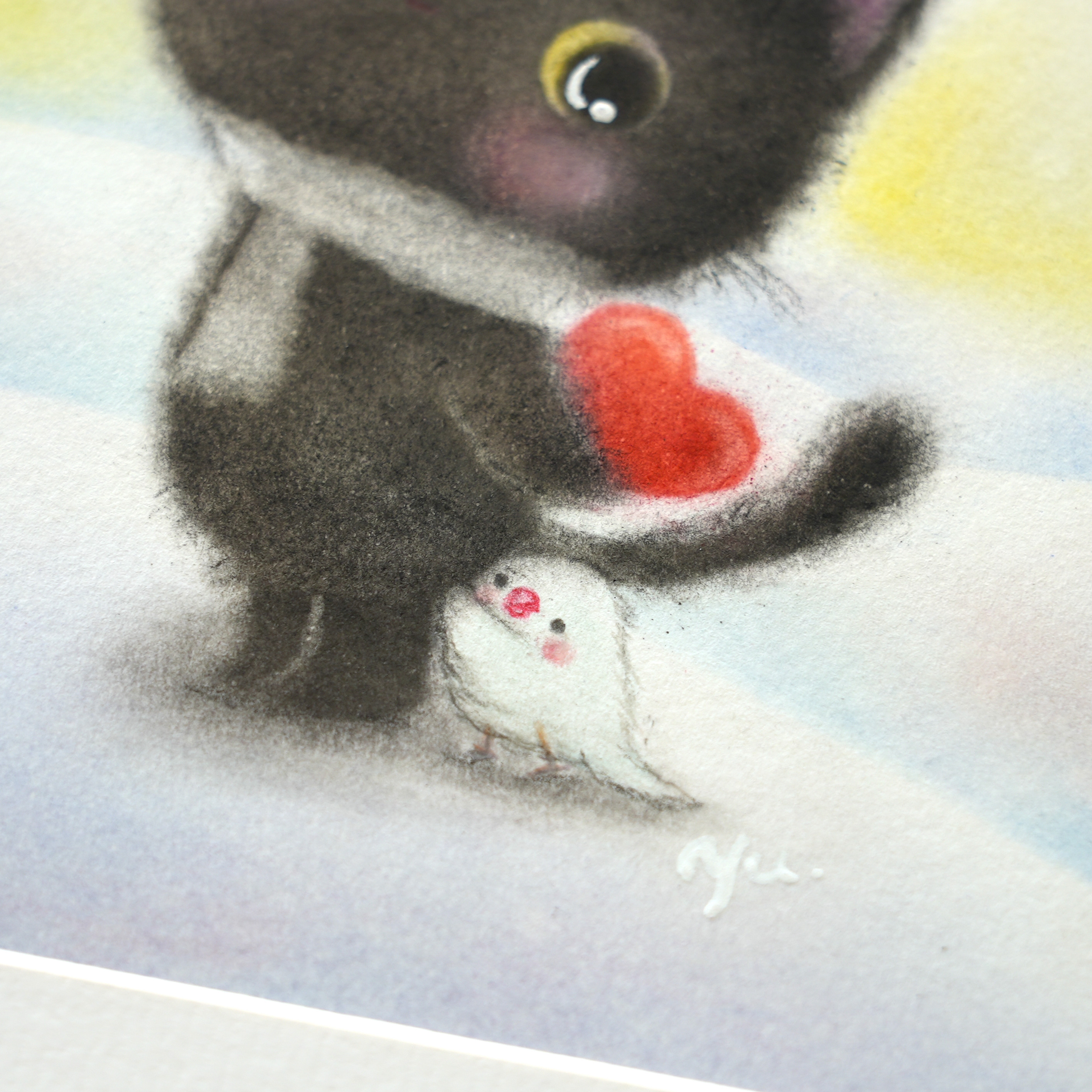 【原画・フレーム付き】「黒猫ちゃんの告白」　パステルアート　バレンタイン　ねこ　ネコ　鳥　冬　かわいい動物イラスト