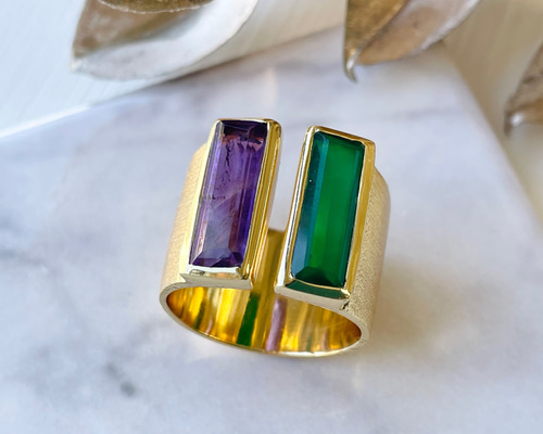 SV925+K18YGコーティング》天然石リング◇アメジスト◇グリーン