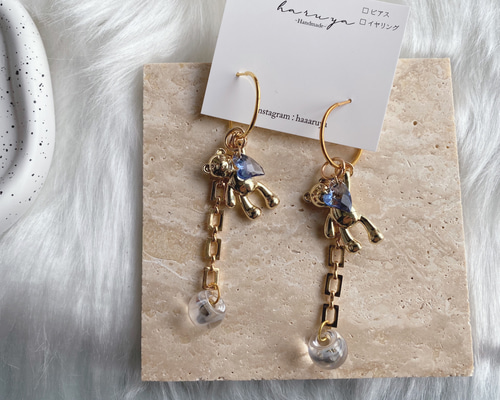 ステンレスフープピアス bare ぶら下がり ゴールドチェーン Blue