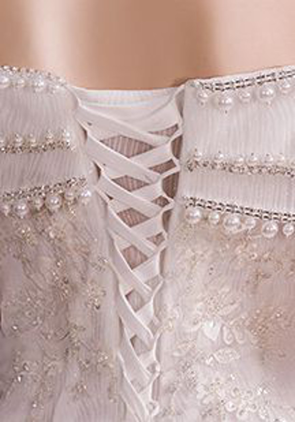 【新品】高級ウェディングドレスオーダーメイド  手縫いスパンコール・真珠 オフショルダー  ビスチェドレス結婚式/二次会 8枚目の画像