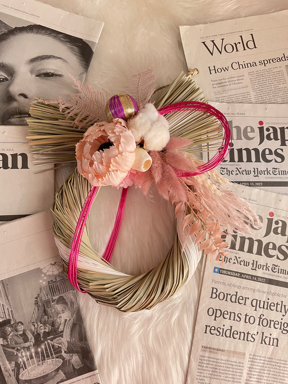 ピンクのソーラー芍薬のしめ縄飾り ドライフラワー お正月飾り しめ飾