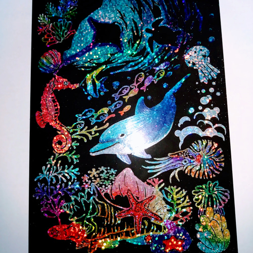 スクラッチアート オリジナル 海のイルカ 原画 一点物 スクラッチアート オリジナル 海のイルカ 原画 一点物