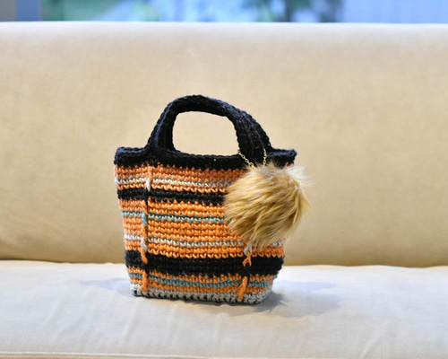 オレンジ系マルチカラーバッグ（ファーチャーム付き/受注制作） かご