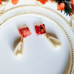 輝く赤い螺鈿と 雫型のパールビーズの ピアスイヤリング【1631】 3枚目の画像
