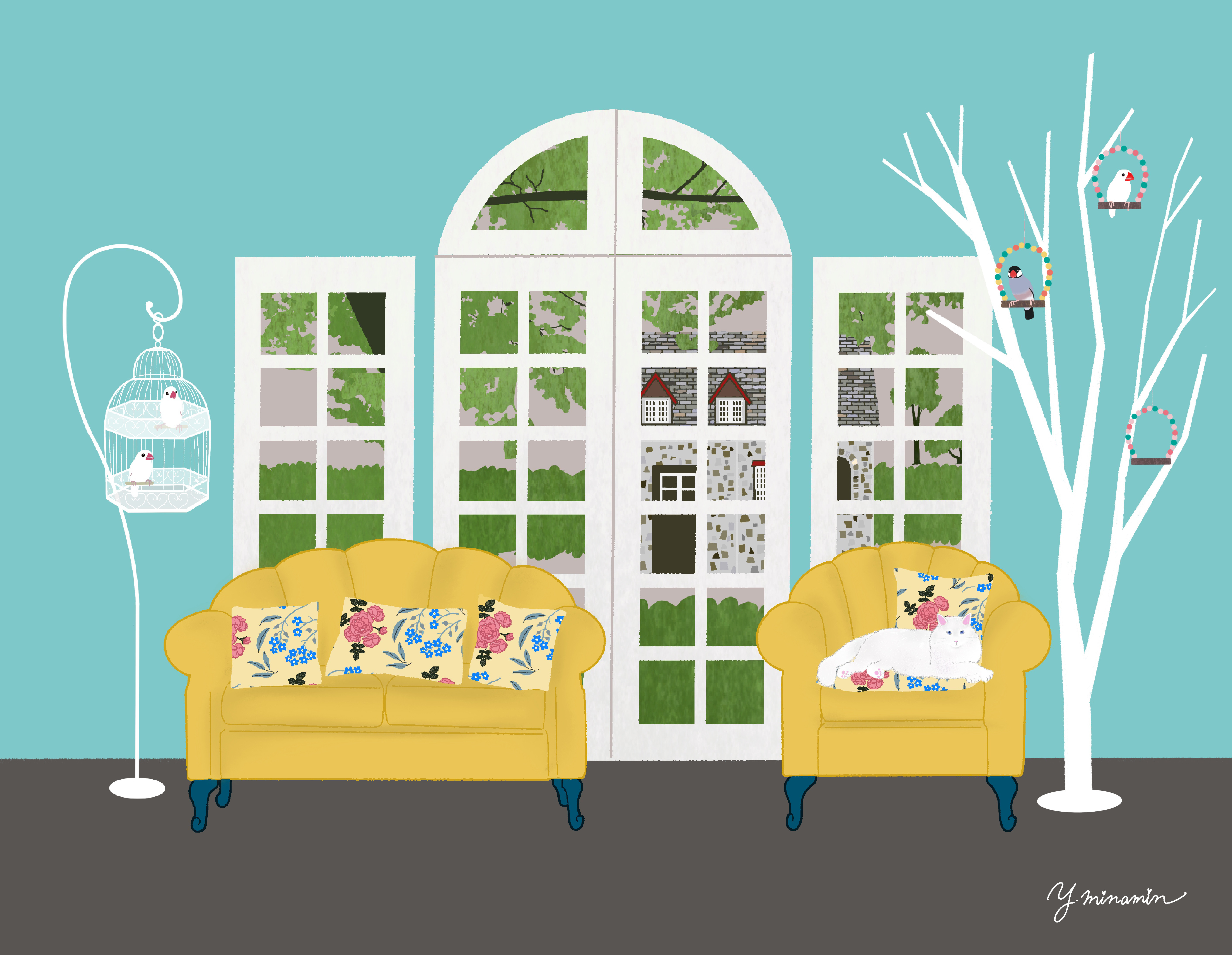 F6アートキャンバス　文鳥とねこと窓のある部屋(セミオーダー)送料無料