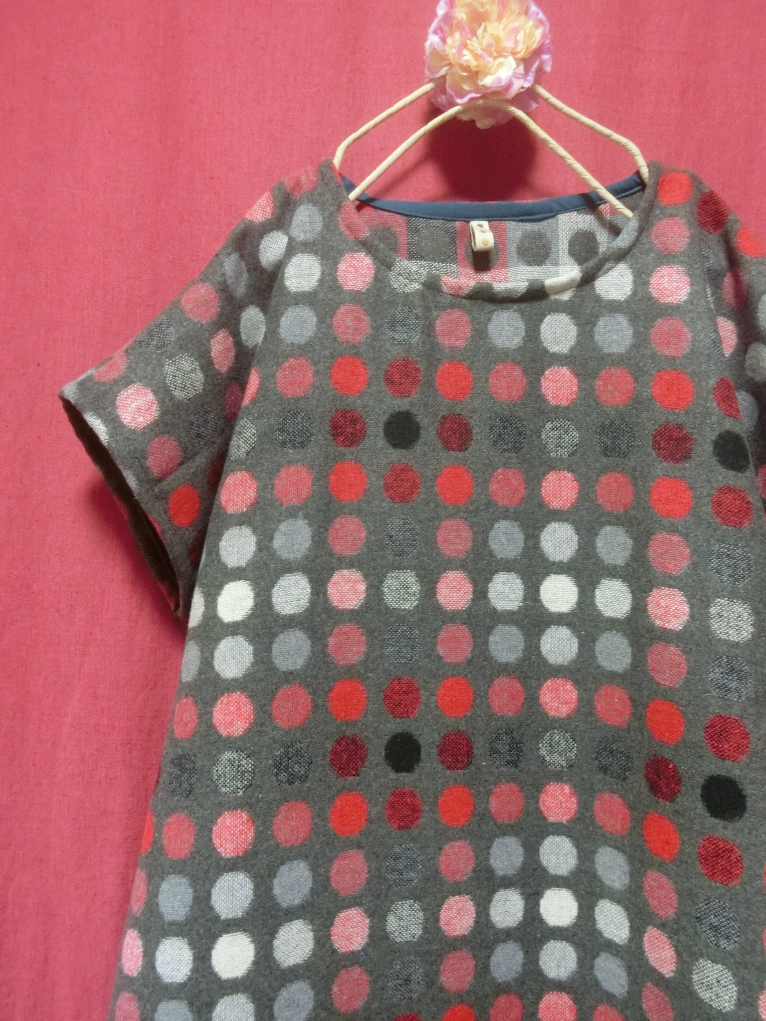 ウール混*カラフル 水玉 半袖 チュニック red 重ね着