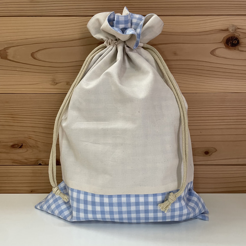 ギンガムチェック　フリル　体操袋　ハンドメイド 水色ギンガムチェックフリル巾着＊体操服入れ・おむつ入れ＊名前
