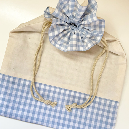 ギンガムチェック　フリル　体操袋　ハンドメイド 水色ギンガムチェックフリル巾着＊体操服入れ・おむつ入れ＊名前