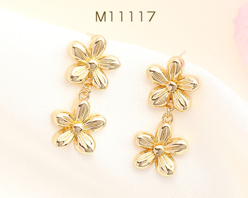 M11117 4個 デザインピアス フラワー 11×24mm ゴールド 2X（2ヶ
