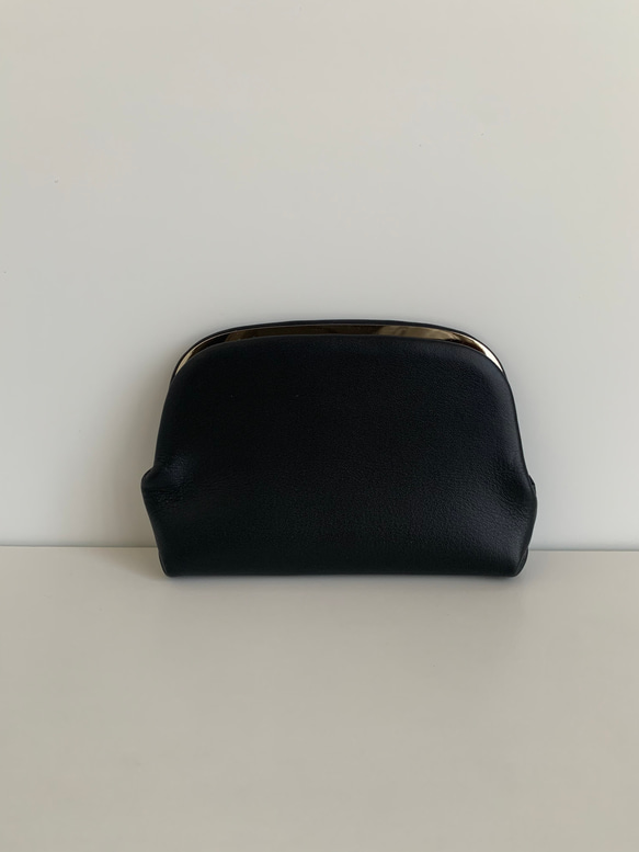 【受注制作・裏地&口金色が選べます】コンパクトウォレット《押し口財布 Mサイズ》ブラックレザー 2枚目の画像