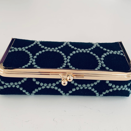 ミナペルホネン（タンバリン ネイビー）ボックス型がま口ポーチ（大