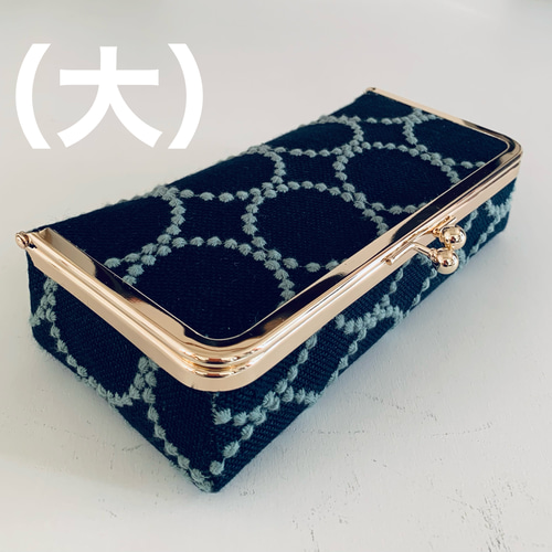 ミナペルホネン（タンバリン ネイビー）ボックス型がま口ポーチ（大