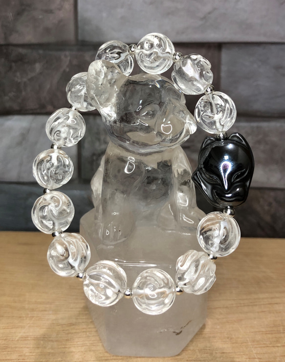 天然白水晶薔薇＋チタンヘルツ九尾狐デザインブレスレット - 白水晶の