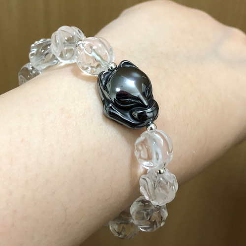 天然白水晶薔薇＋チタンヘルツ九尾狐デザインブレスレット - 白水晶の