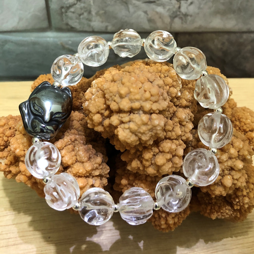 天然白水晶薔薇＋チタンヘルツ九尾狐デザインブレスレット - 白水晶の