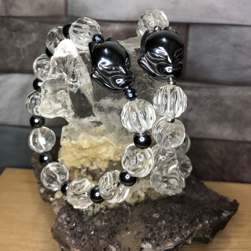 天然白水晶薔薇＋チタンヘルツ九尾狐デザインブレスレット - 白水晶の