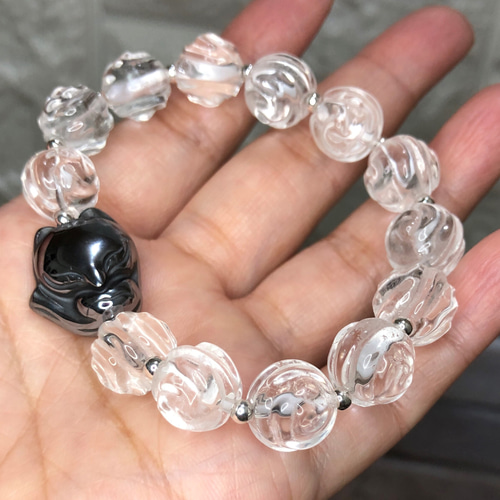 天然白水晶薔薇＋チタンヘルツ九尾狐デザインブレスレット - 白水晶の