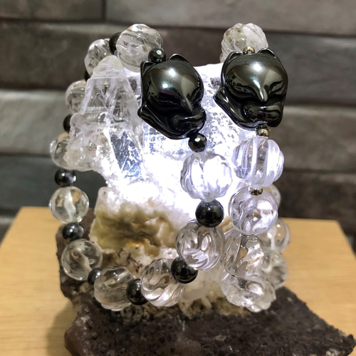 天然白水晶薔薇＋チタンヘルツ九尾狐デザインブレスレット - 白水晶の