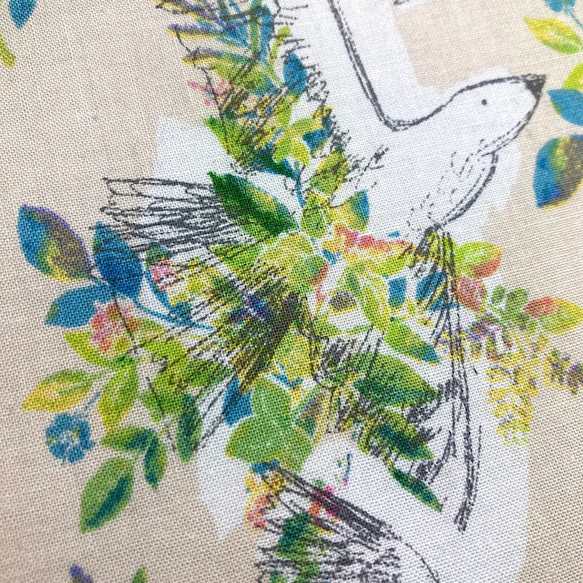 オリジナル半巾帯（小袋帯） リバーシブル仕立て 長尺 / 花と鳥 と デニム調茶（みすゞうた「花と鳥」生地使用） 3枚目の画像
