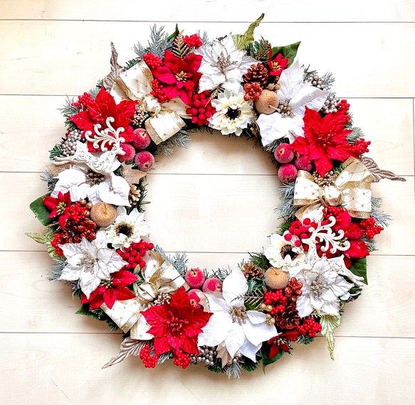 ひろりん✨クリスマスリース✨径50cm超え特大✨造花✨フラワーリース クリスマスリース 50cm×50cm 赤い実 松ぼっくり Xmas リース