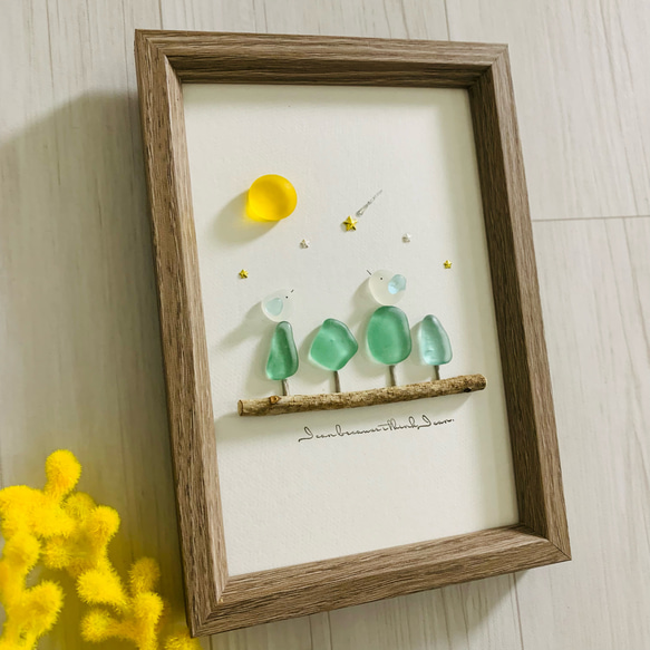 3090 シーグラスアート お月見 満月 小鳥 インテリア雑貨 壁掛け 置物 お月見 インテリア雑貨 シーグラスアート 小鳥 北欧 ガラス細工 海の