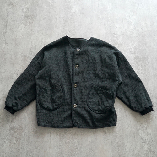 着用2回】ウズイロ 麻柄ノーカラージャケット ブラック 三河木綿