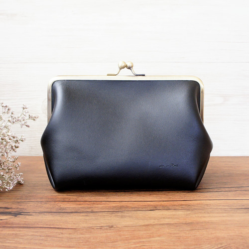 がま口ポーチ◇大容量◇ブラック◇化粧ポーチ◇がま口◇本革◇送料無料