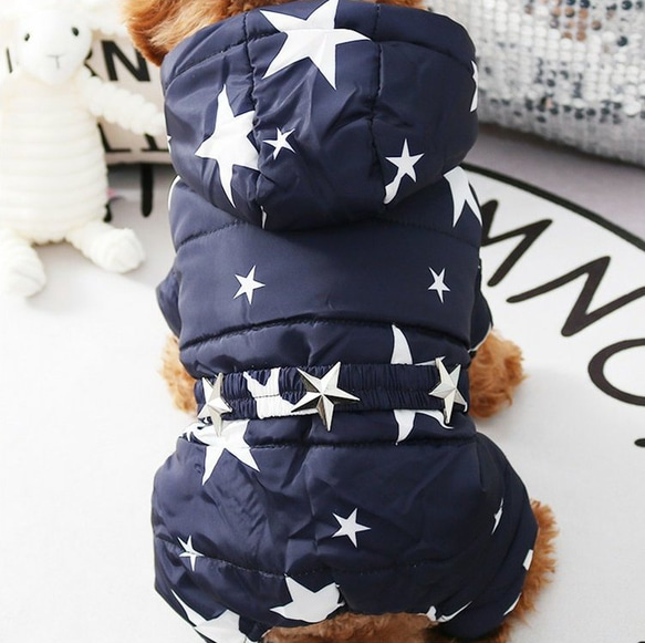 犬服  星柄  すごく暖かい犬ダウンジャケット  防寒犬オーバーコート  赤と紺色選べる 1枚目の画像