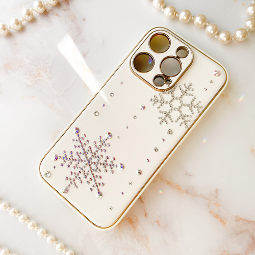 Phone 16pro,15.14,13,12他 ホワイト雪の結晶スワロフスキー