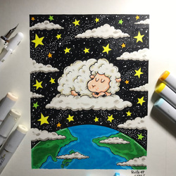 『Sheep, have good dreams』　原画　アート　羊　星　夢 2枚目の画像