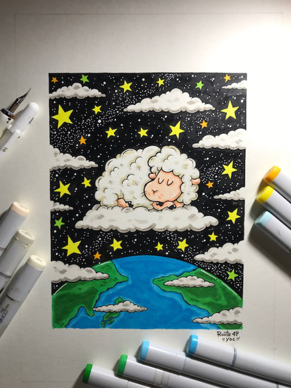 『Sheep, have good dreams』　原画　アート　羊　星　夢 2枚目の画像