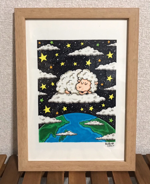 『Sheep, have good dreams』　原画　アート　羊　星　夢 1枚目の画像